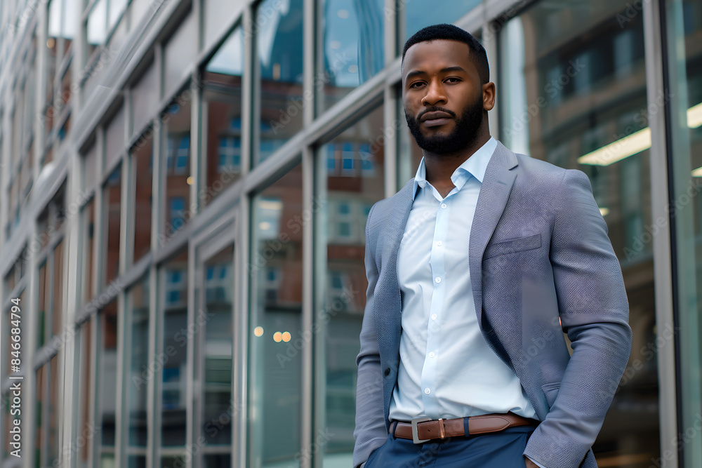 Confident Handsome Man of Color in Professional Attire Posing in Front of Downtown Building