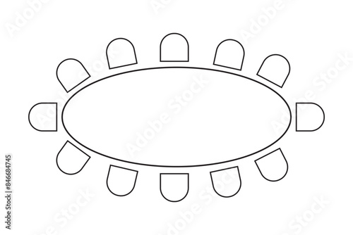 Oval table and chairs icons isolated on white background. Cafe or restaurant seats arrangement plan. Workplase, meeting or business training seatings scheme top view. Vector graphic illustration