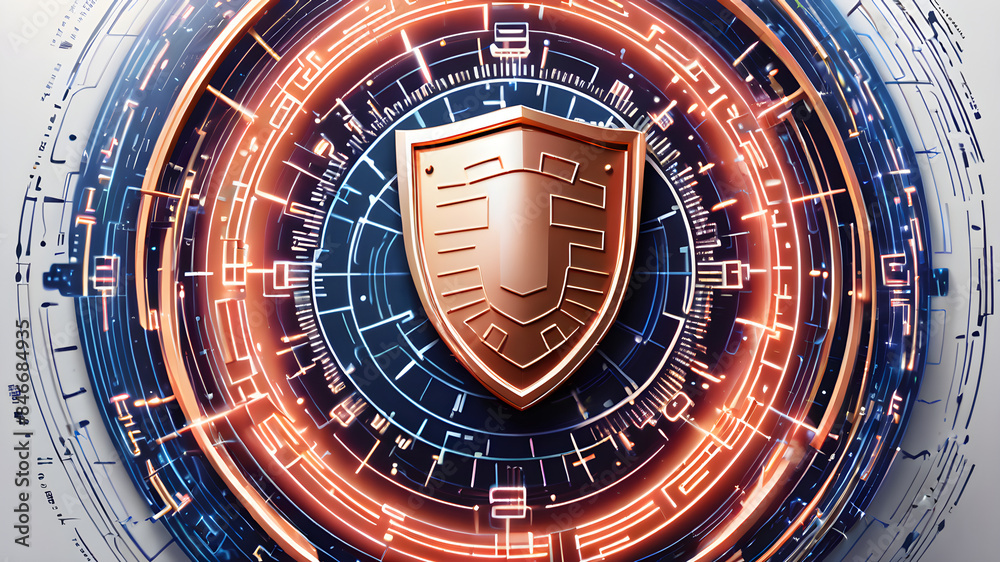 Obraz premium An abstract illustration of a cyber security shield surrounded by data streams and encryption symbols. The design represents protection and digital security