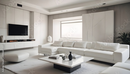 High end modern living room with white leather couch and a large flat screen tv mounted on the wall, brutalist architecture mixed with modern futuristic minimal design