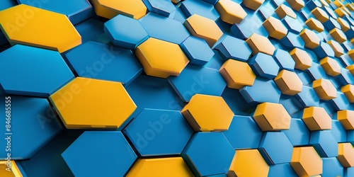 3D render, abstract blue and yellow background with hexagon pattern, wallpaper design concept for technology, sport or gaming in the style of an abstract artist