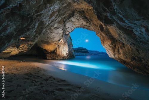 AI-generated illustration of a cave looking out to a serene blue sea and a clear sky at night.