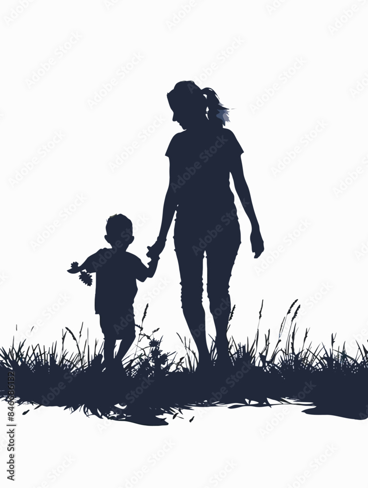 Mother and Son Silhouette Walking Together Mother and Son Silhouette Walking Together