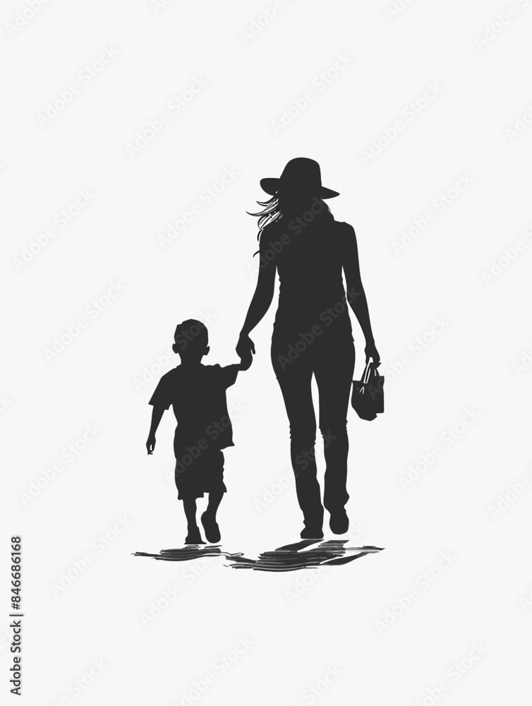 Mother and Son Silhouette Walking Together Mother and Son Silhouette Walking Together