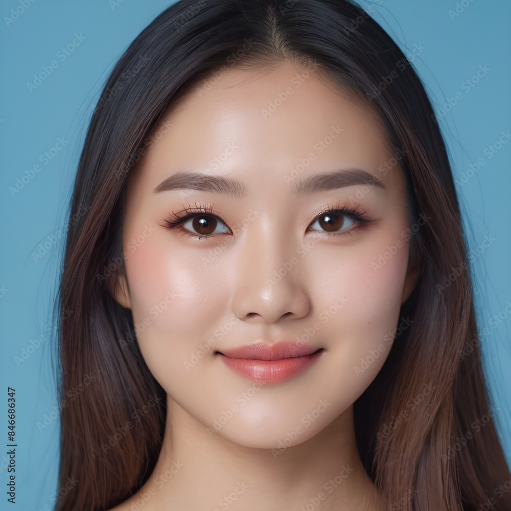 Pretty Asian beauty woman long hair with japanese makeup glowing face and healthy facial skin portrait smile on isolated light blue background Pretty Asian beauty woman long hair with japanese makeup glowing face and healthy facial skin portrait smile on isolated light blue background