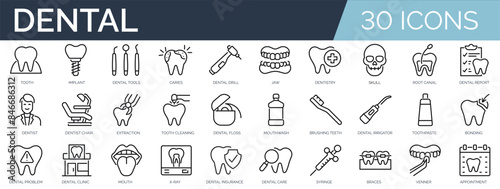 Set of 30 outline icons related to solar dental. Linear icon collection. Editable stroke. Vector illustration