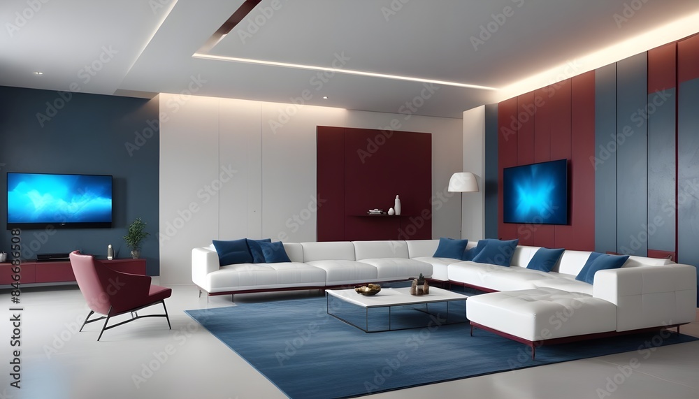 High end modern living room with white leather couch and a large flat screen tv mounted on the wall, brutalist architecture mixed with modern futuristic minimal design High end modern living room with white leather couch and a large flat screen tv mounted on the wall, brutalist architecture mixed with modern futuristic minimal design