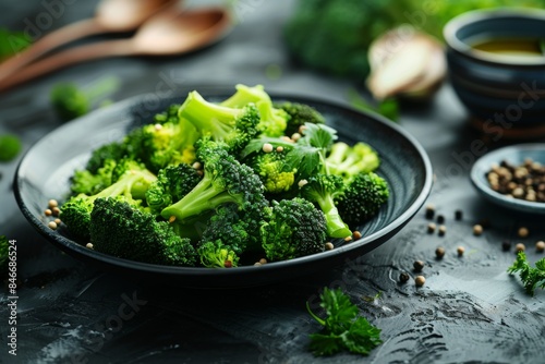 A piece of broccoli is sitting on a table, ready to be used in a recipe or dish