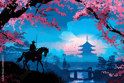 Japanese Temple at Night with Samurai Warrior Riding Horse Silhouette
