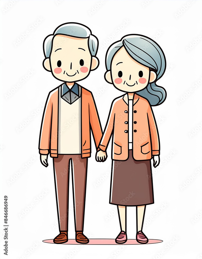 手をつなぐ仲良し老夫婦　イラスト