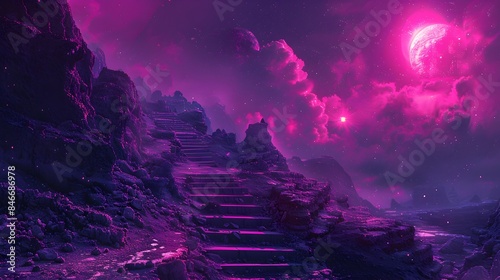 Nomad's Dream of Tomorrow - Alien Landscape with Glowing Neon Stairs photo