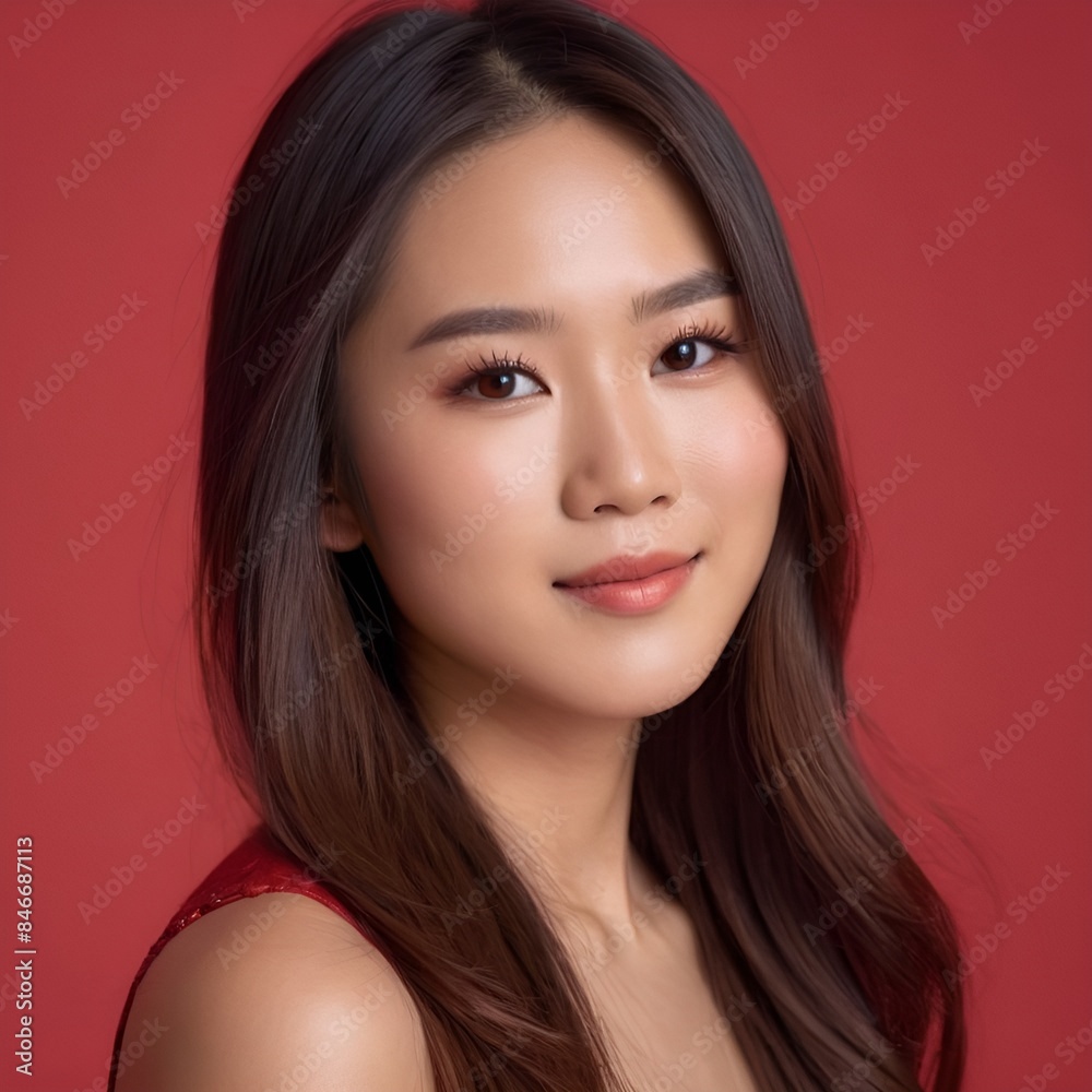 Obraz premium Pretty Asian beauty woman long hair with japanese makeup glowing face and healthy facial skin portrait smile on isolated red background