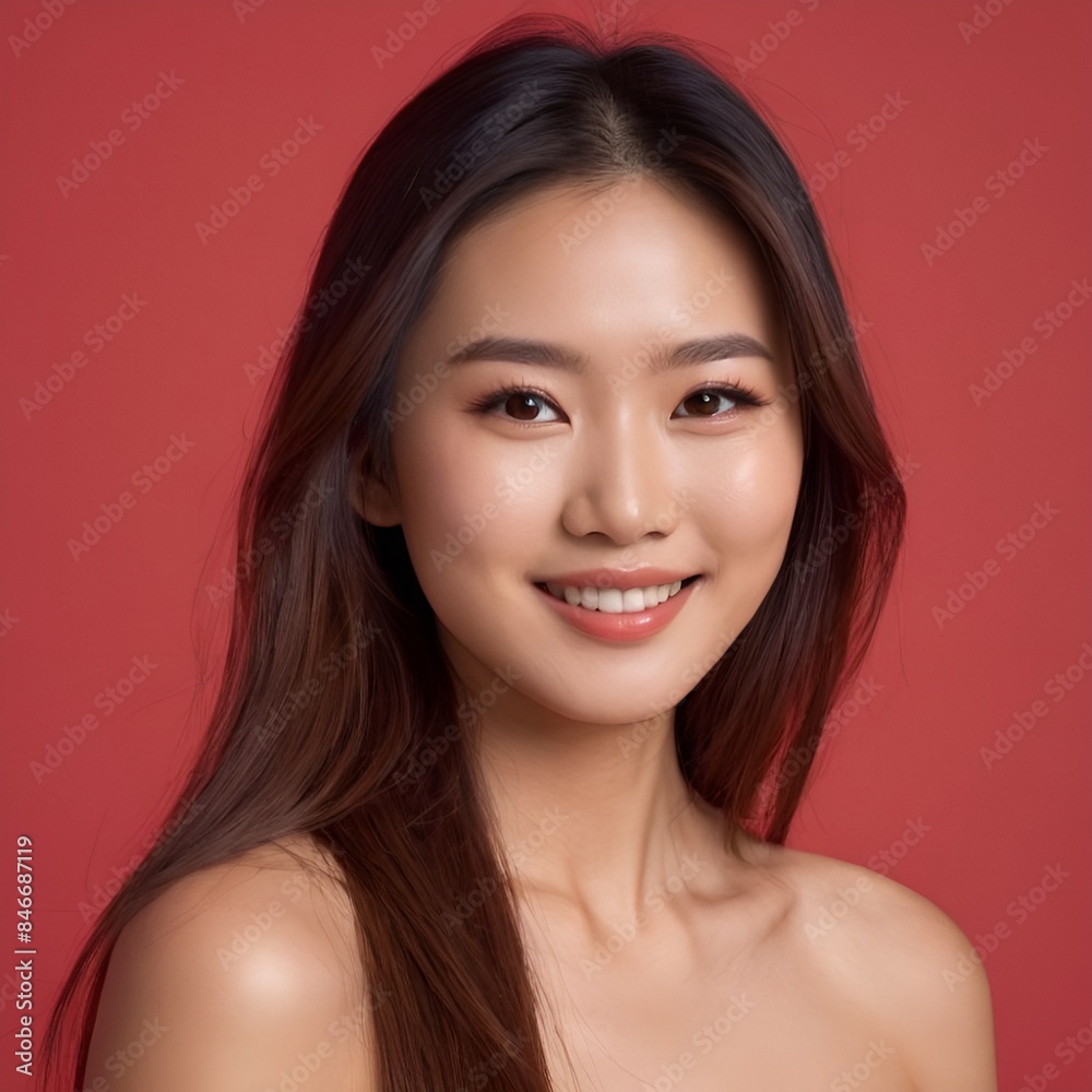 Pretty Asian beauty woman long hair with japanese makeup glowing face and healthy facial skin portrait smile on isolated red background Pretty Asian beauty woman long hair with japanese makeup glowing face and healthy facial skin portrait smile on isolated red background