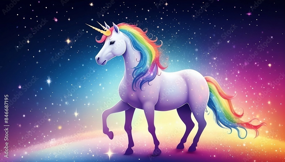 Fantasy rainbow background with unicorn silhouette with stars and sparkling particles, concept of dream, magic, miracle, princess, childhood, fairy tale creature illustration generative ai Fantasy rainbow background with unicorn silhouette with stars and sparkling particles, concept of dream, magic, miracle, princess, childhood, fairy tale creature illustration generative ai