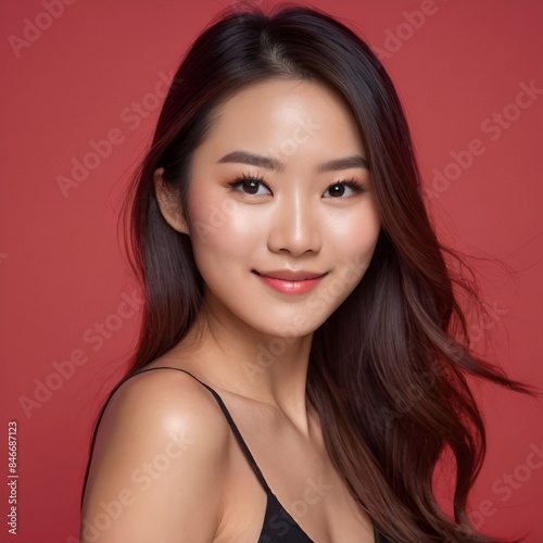Pretty Asian beauty woman long hair with japanese makeup glowing face and healthy facial skin portrait smile on isolated red background