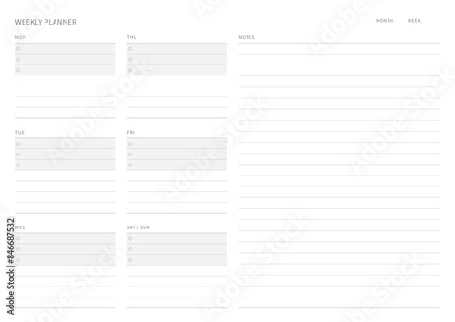A weekly plan design template in a modern, simple, and minimalist style. Note, scheduler, diary, calendar, planner document template illustration.