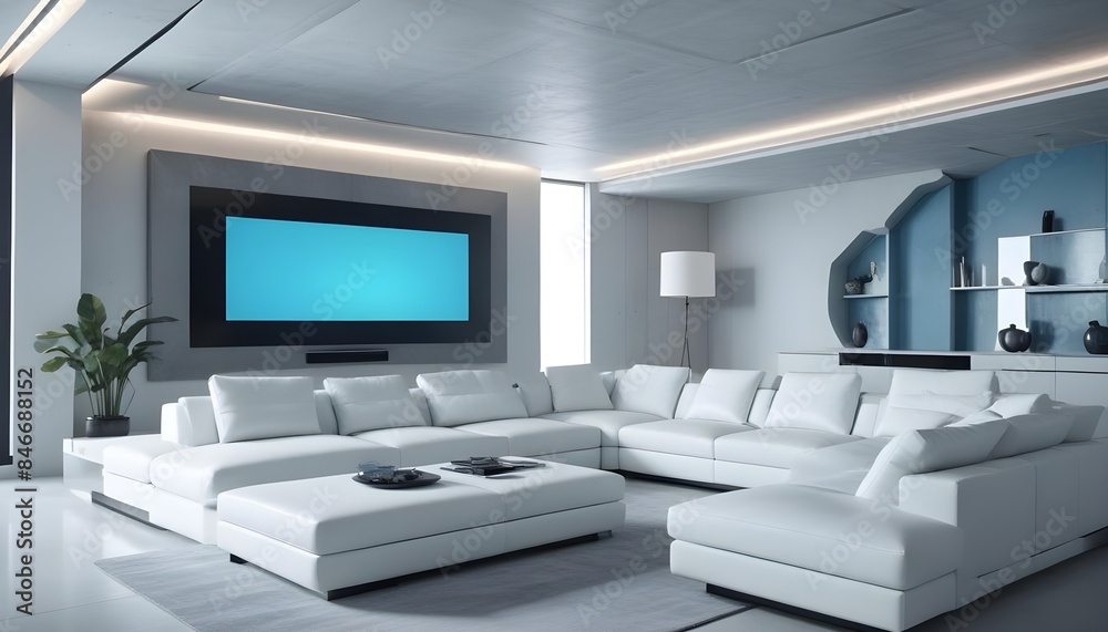 High end modern living room with white leather couch and a large flat screen tv mounted on the wall, brutalist architecture mixed with modern futuristic minimal design High end modern living room with white leather couch and a large flat screen tv mounted on the wall, brutalist architecture mixed with modern futuristic minimal design