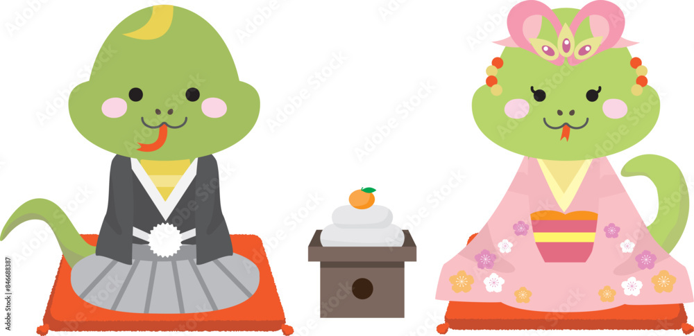 Obraz premium お正月に着物を着た雄と雌のヘビのイラスト