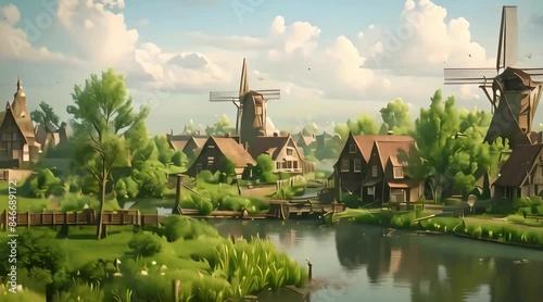 beautiful view of Kinderdijk village. 4k video photo