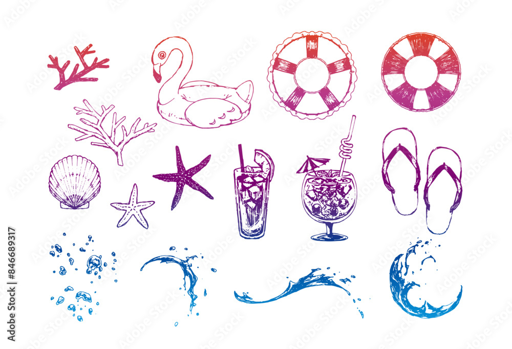 お洒落でかわいい手描きのトロピカルなイラスト装飾セット 夏 海 ペン  