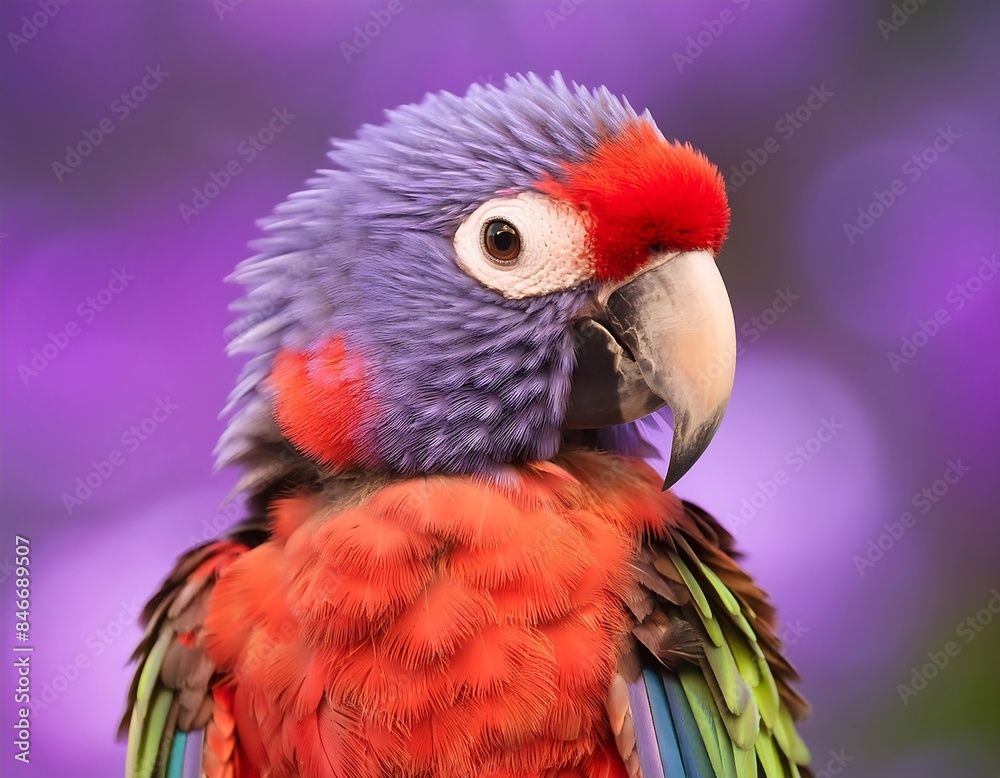 multicolored parrot with a detailed red beak against a soft-focus purple background, embodying the essence of tropical wildlife. multicolored parrot with a detailed red beak against a soft-focus purple background, embodying the essence of tropical wildlife.