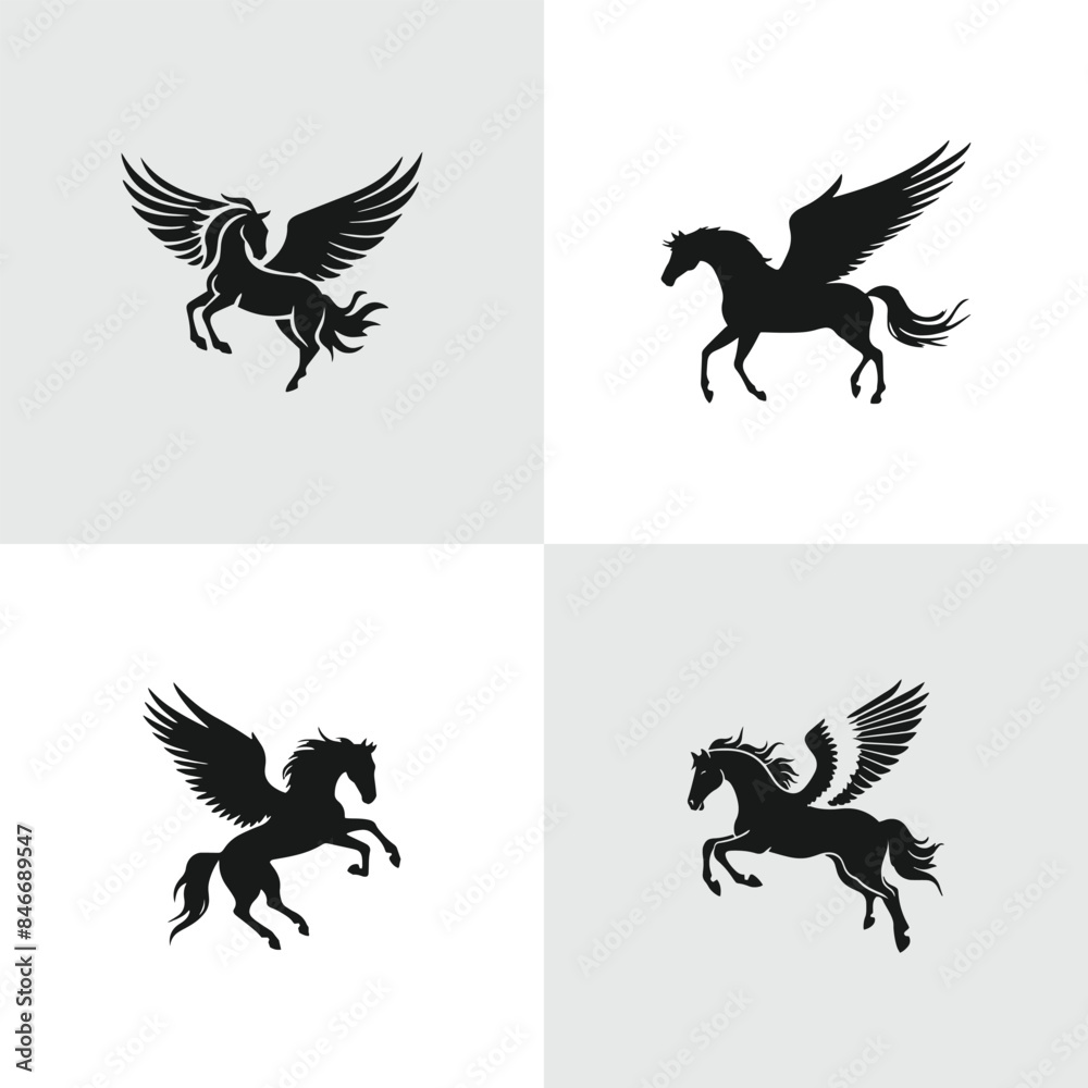 Obraz premium Set of Abstract Flying horse silhouette logo icons, with a white background for your company, the flying stallion and mare logo design ideas