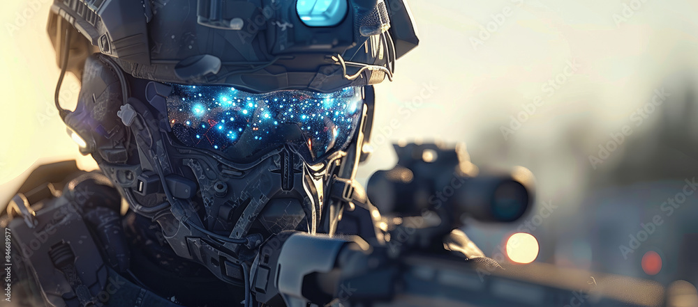 an avatar wearing futuristic combat gear and helmet with goggles is ...