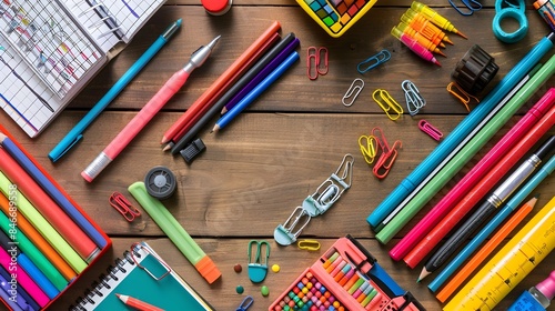 Neatly Arranged School Supplies on a Wooden Desk for Creative Education and Productivity