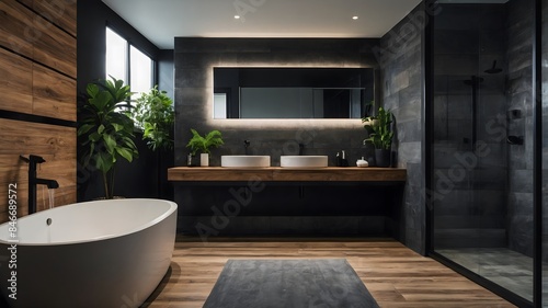 Modern bathroom design with a shower area and bathtub including a wall mirror beside a fancy plant. Ai Generative.