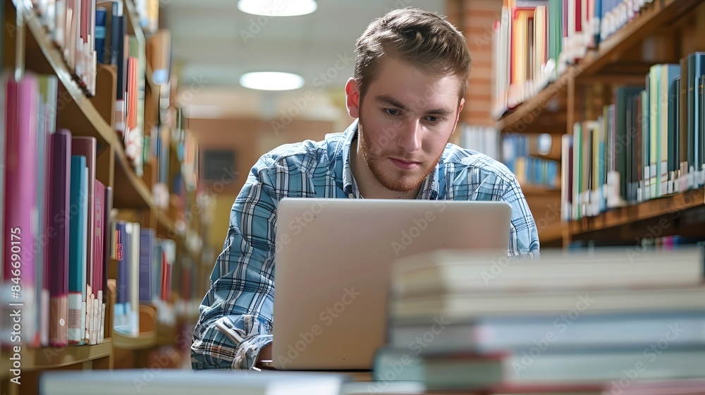 Young Caucasian Male Student Studying and Researching in University Library Young Caucasian Male Student Studying and Researching in University Library