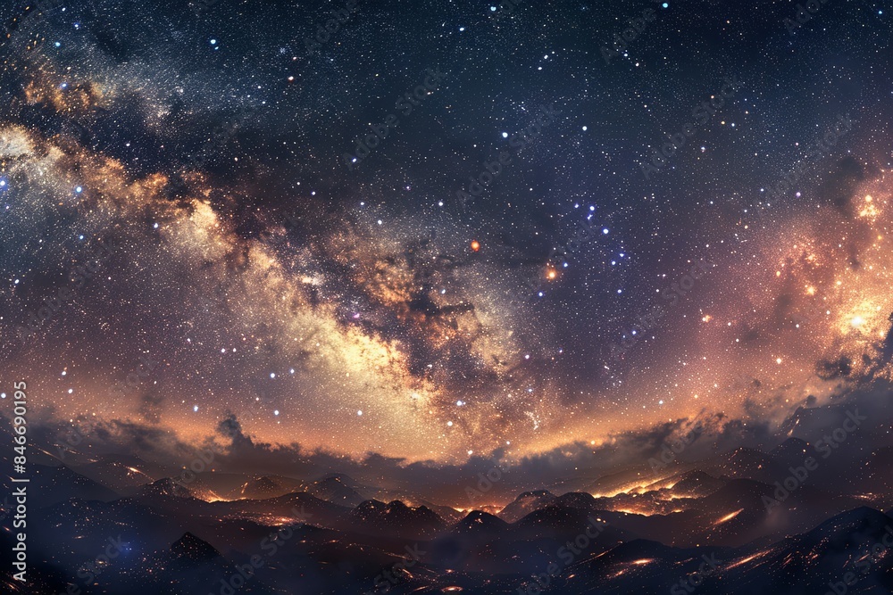 A panoramic view of the Milky Way galaxy, showcasing its vibrant colors, bright stars, and cosmic dust. Generative AI A panoramic view of the Milky Way galaxy, showcasing its vibrant colors, bright stars, and cosmic dust. Generative AI