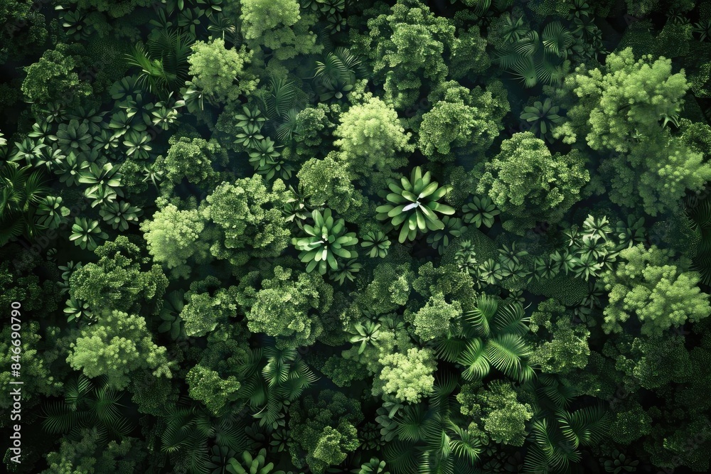 Top view of lush green forest trees creating a dense canopy, reflecting nature's beauty and tranquility in a woodland environment.