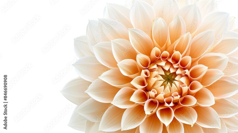 Fototapeta premium Yellow flower with layered petals on white, minimalist design for text overlay, focused center