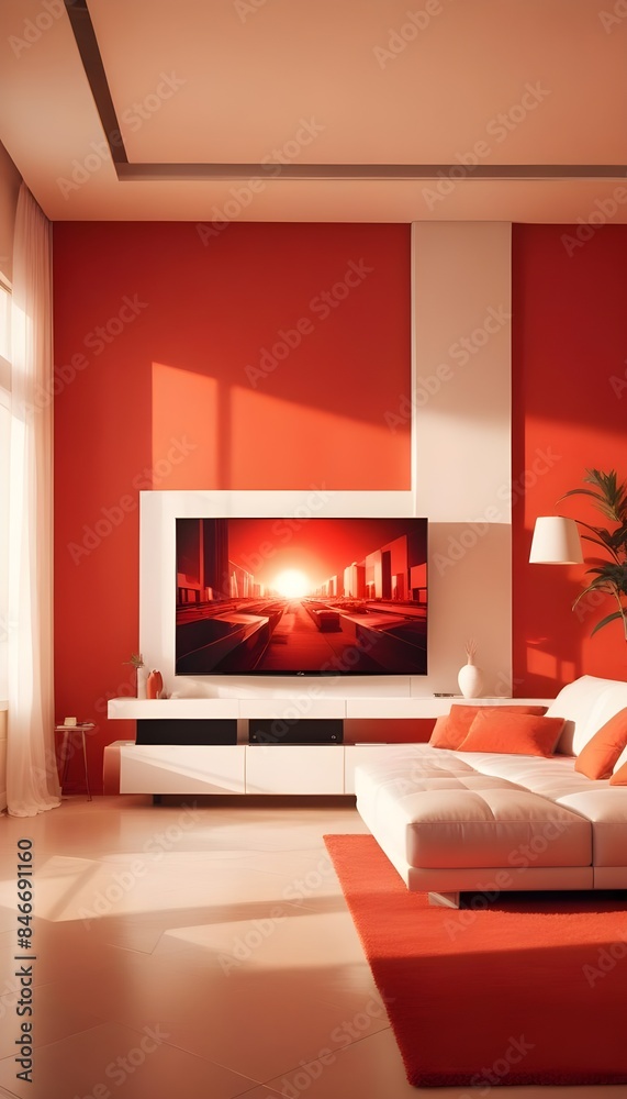 High end modern living room with white leather couch and a large flat screen tv mounted on the wall, brutalist architecture mixed with modern futuristic minimal design High end modern living room with white leather couch and a large flat screen tv mounted on the wall, brutalist architecture mixed with modern futuristic minimal design