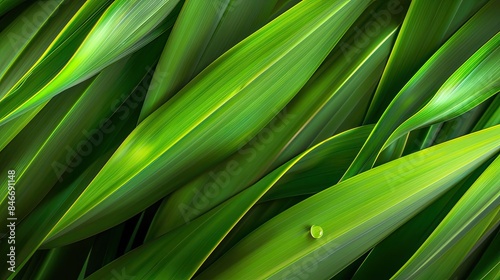 Close-up of lush green leaves with intricate details and a single dewdrop, showcasing nature's beauty and freshness.