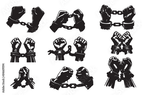 Set of silhouettes of Hands tearing shackles Isolated on a white background line art