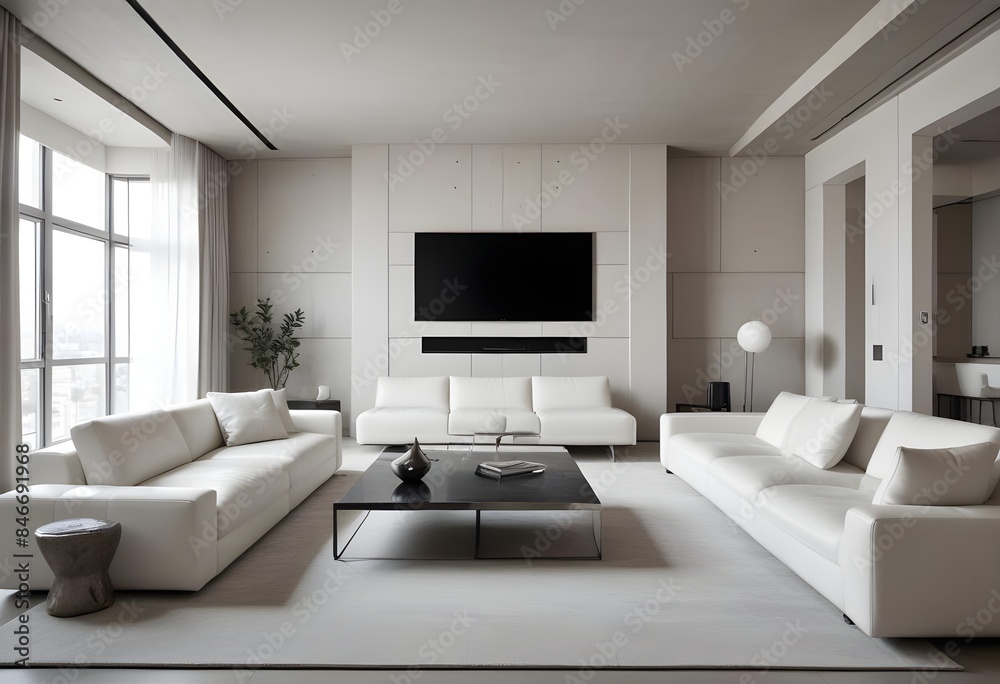 High end modern living room with white leather couch and a large flat screen tv mounted on the wall, brutalist architecture mixed with modern futuristic minimal design High end modern living room with white leather couch and a large flat screen tv mounted on the wall, brutalist architecture mixed with modern futuristic minimal design
