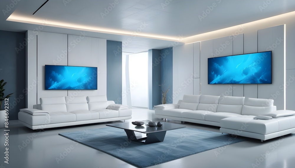 High end modern living room with white leather couch and a large flat screen tv mounted on the wall, brutalist architecture mixed with modern futuristic minimal design High end modern living room with white leather couch and a large flat screen tv mounted on the wall, brutalist architecture mixed with modern futuristic minimal design