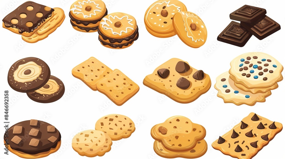A set of cute cookies featuring a collection of various crackers, snacks, and chocolate chip cookies, illustrated as festive baked goods in a vector format on a white background A set of cute cookies featuring a collection of various crackers, snacks, and chocolate chip cookies, illustrated as festive baked goods in a vector format on a white background