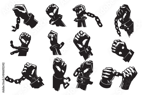 Set of silhouettes of Hands tearing shackles Isolated on a white background doodle art