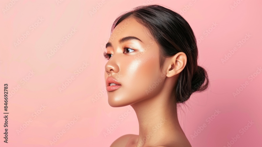 A stunning young Thai woman with smooth, luminous skin, standing against a pastel-colored backdrop, her face glowing with health and vitality. A stunning young Thai woman with smooth, luminous skin, standing against a pastel-colored backdrop, her face glowing with health and vitality.