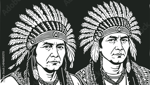 Two Indian Chiefs in Feather Headdresses, Vector Illustration