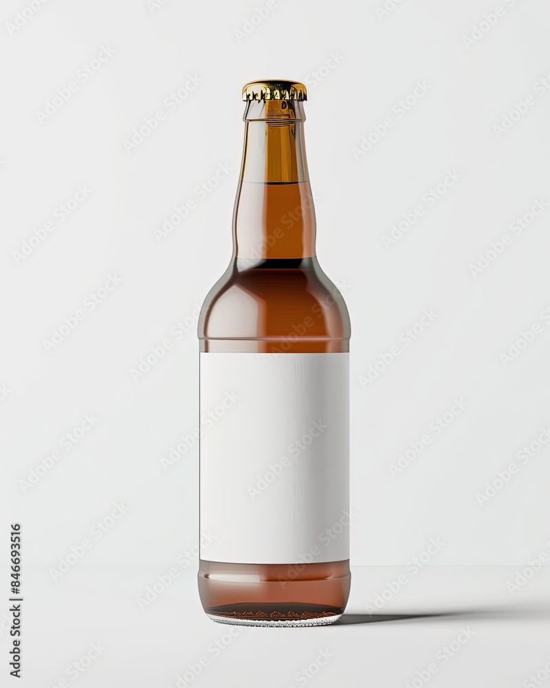 A single amber beer bottle with a blank white label, ready for branding and design A single amber beer bottle with a blank white label, ready for branding and design