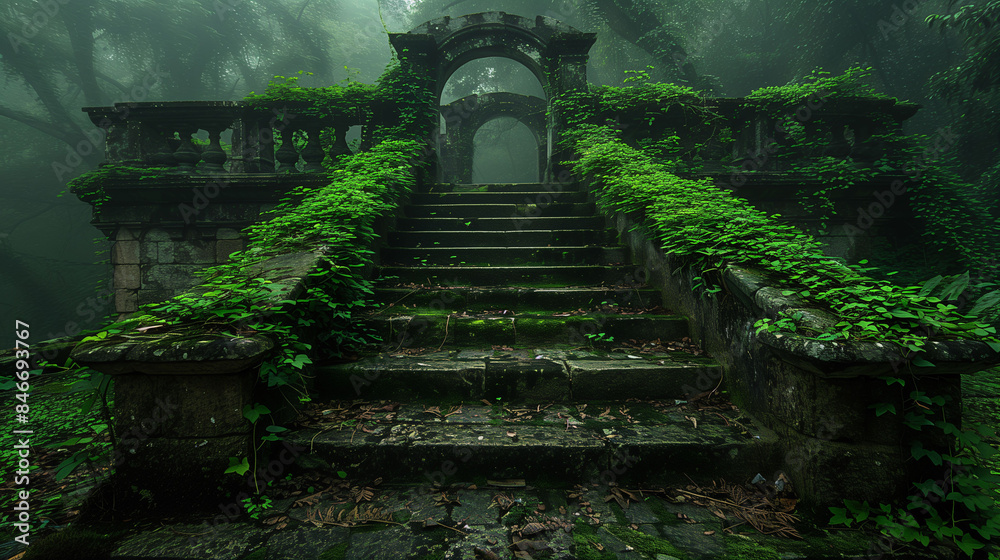 Overgrown Ancient Staircase in Foggy Forest Overgrown Ancient Staircase in Foggy Forest