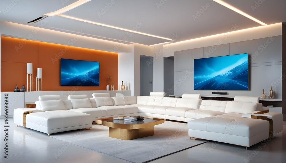High end modern living room with white leather couch and a large flat screen tv mounted on the wall, brutalist architecture mixed with modern futuristic minimal design High end modern living room with white leather couch and a large flat screen tv mounted on the wall, brutalist architecture mixed with modern futuristic minimal design