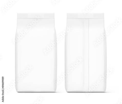 Vertical bag mockup. Flat bottom bag. Front and rear view. High realistic. Vector illustration isolated on white background. Ready for use in presentation, promo, advertising and more. EPS10.
