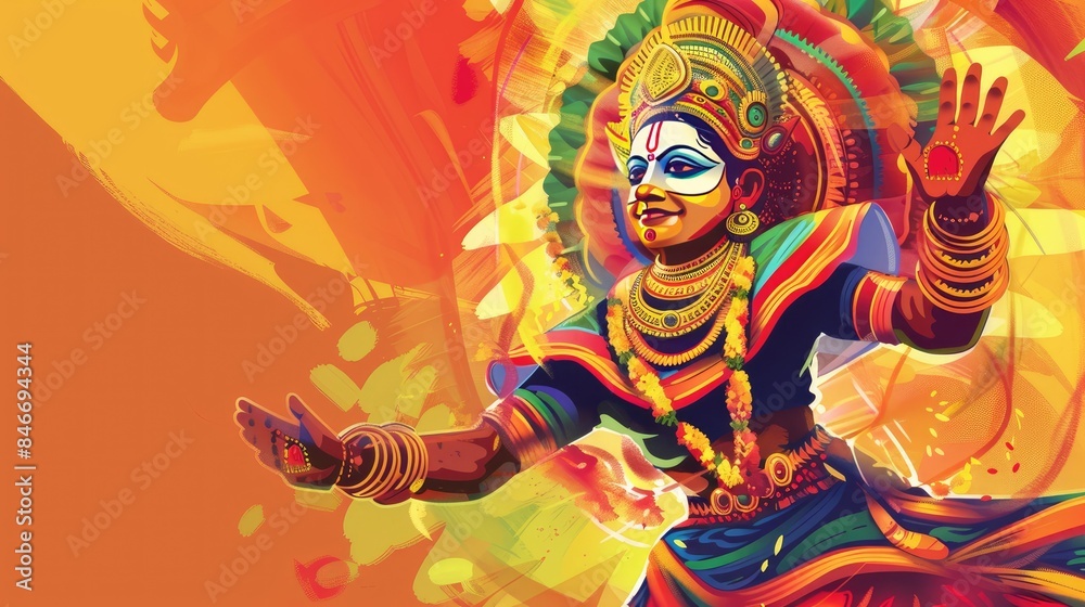 Lively illustration of a Kathakali dancer performing during Onam celebrations Lively illustration of a Kathakali dancer performing during Onam celebrations