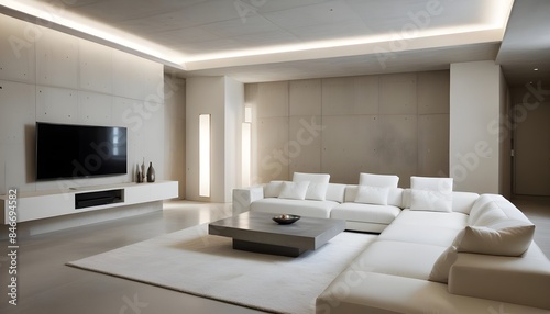 High end modern living room with white leather couch and a large flat screen tv mounted on the wall, brutalist architecture mixed with modern futuristic minimal design