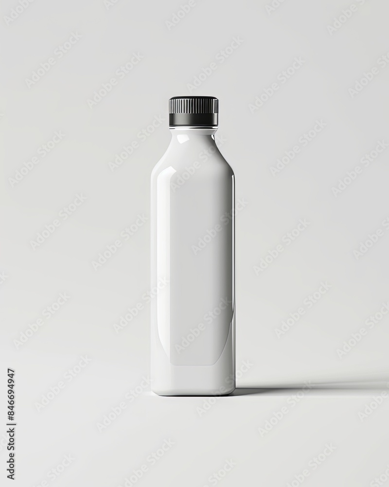 A white plastic bottle with a black cap stands alone on a white background A white plastic bottle with a black cap stands alone on a white background