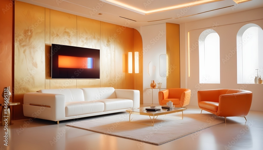 High end modern living room with white leather couch and a large flat screen tv mounted on the wall, brutalist architecture mixed with modern futuristic minimal design High end modern living room with white leather couch and a large flat screen tv mounted on the wall, brutalist architecture mixed with modern futuristic minimal design